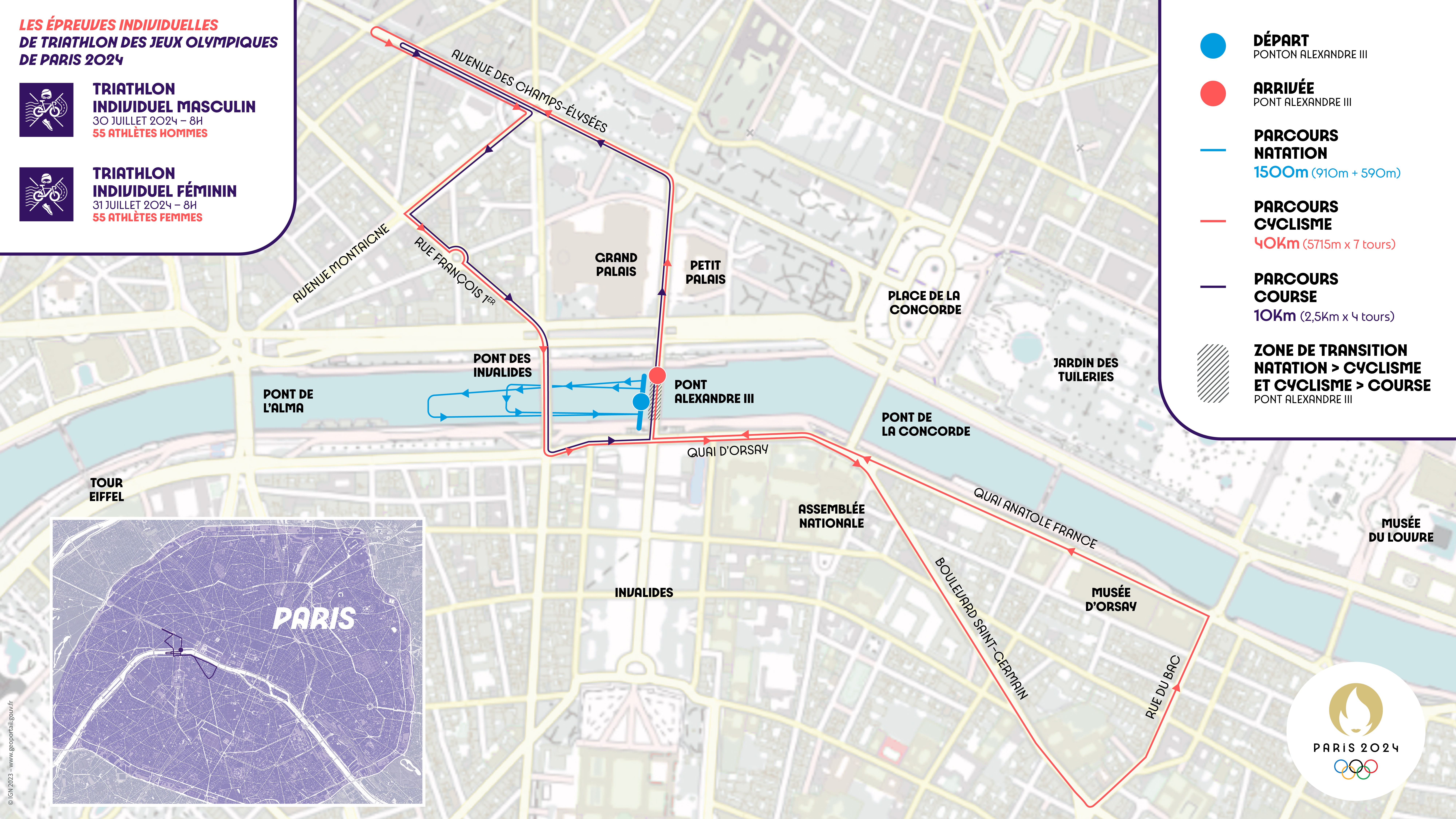 Le parcours de l'épreuve individuelle de triathlon aux Jeux Olympiques de Paris 2024 (Crédit image : Paris 2024)
