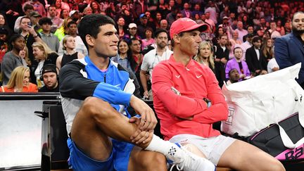 Carlos Alcaraz et Rafael Nadal lors du Netflix Slam, le 3 mars 2024 (CANDICE WARD / GETTY IMAGES NORTH AMERICA)